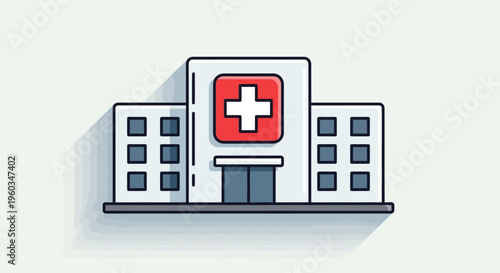 Cartoon style hospital building icon illustration with red cross. Healthcare facility, medical center, emergency services, clinic symbol.
