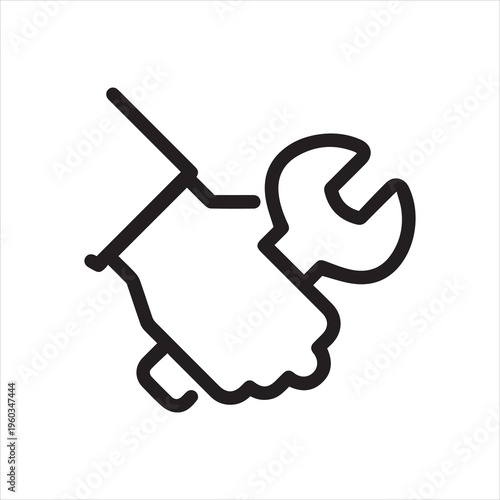 Thin Outline Icon Human Hand Holding a Wrench, Spanner in Arm. Such Line Sign as Car Mechanic Services Plumbing Work, Professional Services. Vector Computer Isolated Pictogram for Web Editable Stroke.