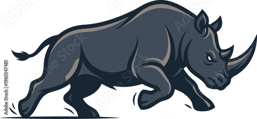 Powerful rhinoceros charging forward in wild habitat