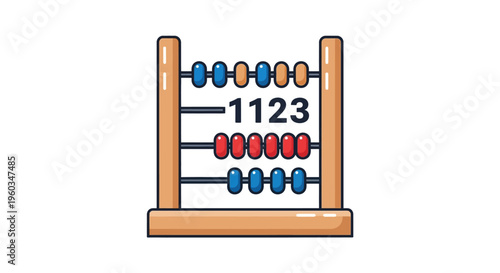 Cartoon abacus illustration with number 1123, traditional counting tool for education, arithmetic, and business finance