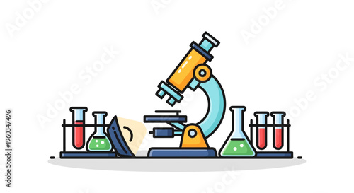 Scientific laboratory illustration with a microscope, test tubes, and chemistry glassware for research, education, and experimentation