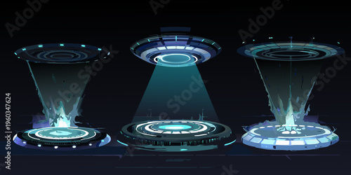 Three glowing futuristic platforms with beams of light ascending upwards