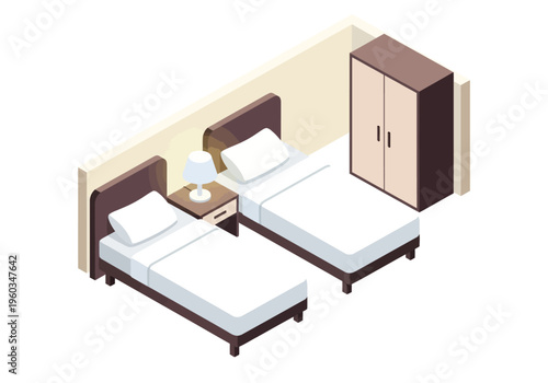 Cozy hotel room with two beds, nightstand, and wardrobe, isometric view