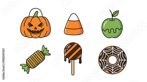 Collection of Halloween-themed treats including a jack-o-lantern pumpkin, candy corn, a green apple, and various candies on a white background.