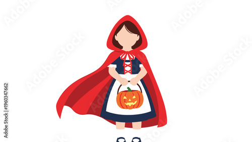 Little Red Riding Hood character wearing a red cloak and holding a jack-o-lantern bucket for Halloween treats on a plain white background.