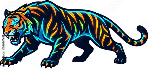 Prowling tiger mascot illustration with dark blue and orange stripes