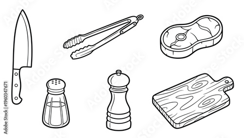 Kitchen Utensils & Raw Steak Outline Vector Set for Cooking and Grilling