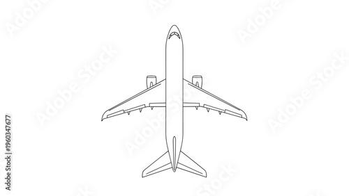 Simple black and white line drawing of a passenger airplane viewed from above showing the wings, engines, and tail section clearly.