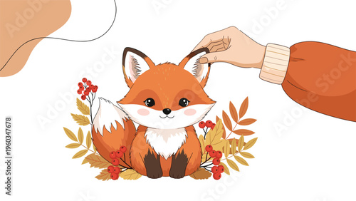 Adorable little fox sitting among autumn leaves and berries being gently petted by a human hand in a cozy orange sweater.