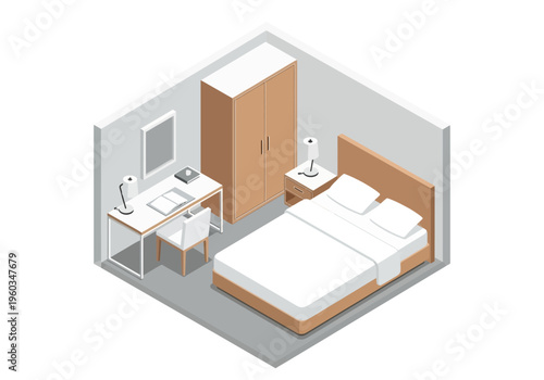 Cozy Isometric Bedroom with Desk, Wardrobe, and Bed