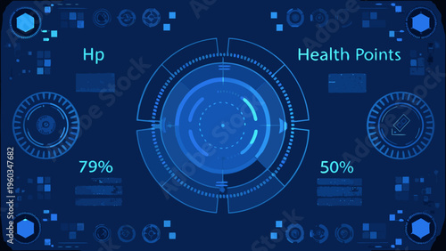 Futuristic user interface displaying health points and system diagnostics