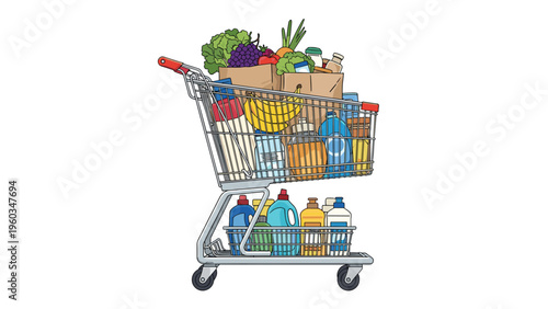 Fully loaded supermarket shopping cart filled with fresh produce, groceries, and household cleaning supplies on a white background.