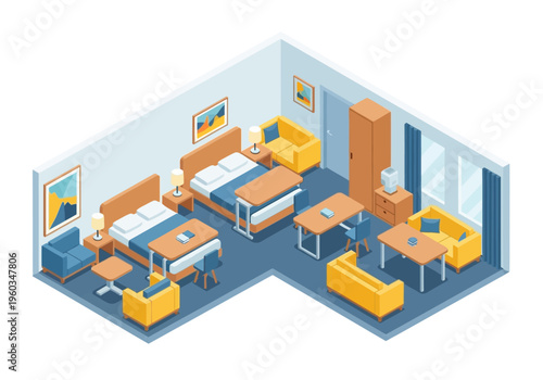 Cozy and functional apartment layout with two bedrooms, workspace, and seating areas