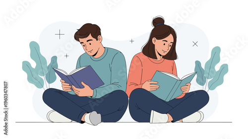 Young man and woman sitting back to back on the floor absorbed in reading their own books on a white background.