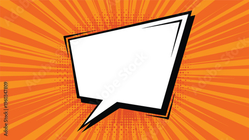 Blank comic book speech bubble frame on a dynamic orange and yellow radial burst background for promotional text.