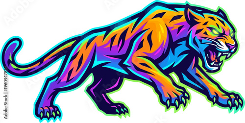 Prowling tiger mascot with colorful stripes