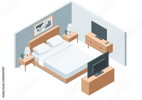 Cozy Bedroom Isometric Illustration with Bed, Nightstands, and Dresser with TVs