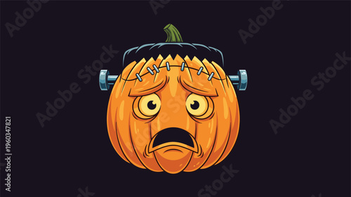 Worried looking jack o lantern pumpkin with stitches and metal bolts like frankensteins monster on dark background.