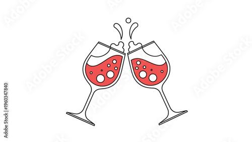Simple line art illustration of two wine glasses clinking together in a celebratory toast on a white background.