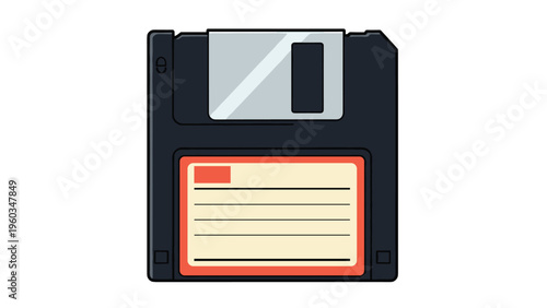 Retro floppy disk illustration featuring a black magnetic storage device with a label area used for vintage computer data saving and memory.