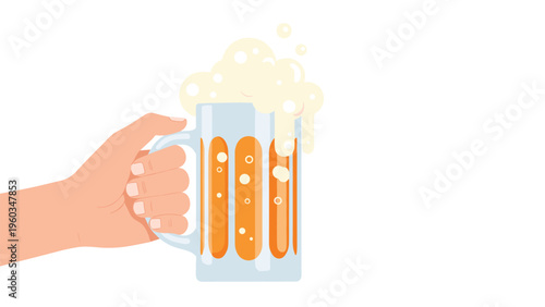 Human hand firmly holding a large glass mug of cold beer with overflowing white foam bubbles isolated on a clean white background for a toast.