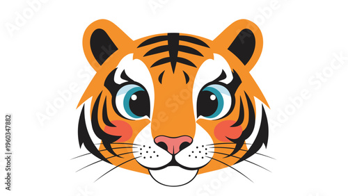Cute cartoon tiger head with large blue eyes and friendly expression isolated on a white background for children and educational design projects.