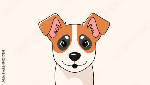 Adorable cartoon puppy head with brown and white patches and large expressive eyes looking forward on a soft cream background for pet themes.