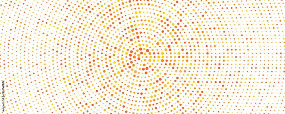 Obraz premium Orange radial pattern background. Abstract spring dotted concentric circles wallpaper. Circular halftone dots comic texture backdrop. Vector spring cartoon pop art overlay for poster, banner