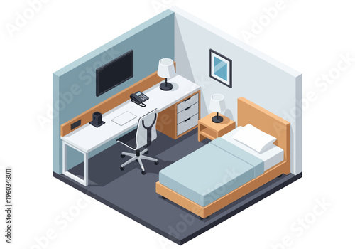 Isometric bedroom interior design with modern furniture and technology in a minimalist style