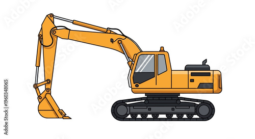 Yellow Heavy Construction Excavator Machine Vector Illustration. Industrial Digger Equipment for Earthwork and Demolition Isolated