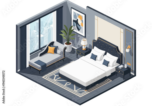 Cozy isometric bedroom with modern furniture, king-size bed, chaise lounge, and city view