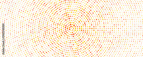 Orange radial pattern background. Abstract spring dotted concentric circles wallpaper. Circular halftone dots comic texture backdrop. Vector spring cartoon pop art overlay for poster, banner
