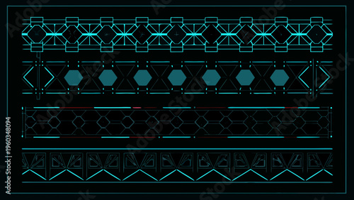 Geometric patterns of glowing cyan lines on a dark background