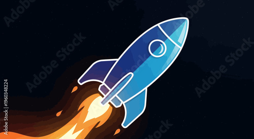 Blue rocket taking off with fiery exhaust in a dark sky, symbolizing progress, startup success, innovation, and rapid growth.