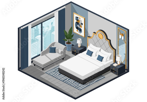 Cozy Isometric Bedroom with Chaise Lounge and City View