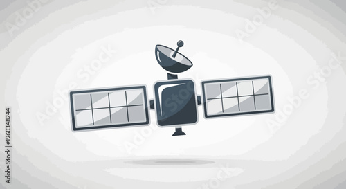 Modern communication satellite icon illustration with solar panels and dish antenna for global connectivity and space technology.