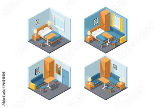 Isometric view of different apartment layouts with furniture and decor