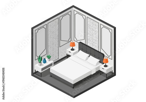 Cozy isometric bedroom illustration with a bed, nightstands, and decorative elements
