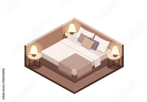 Cozy Isometric Bedroom scene with a double bed and bedside tables illuminated by lamps