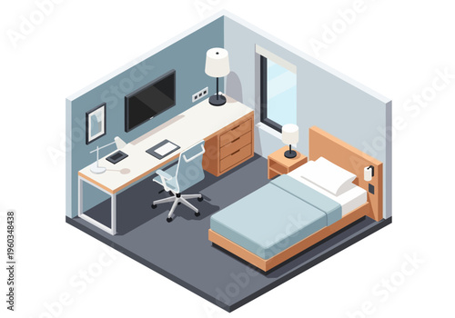 Cozy isometric bedroom and study area with a desk, bed, and television
