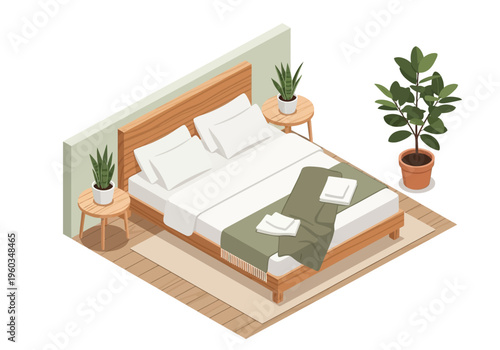 Cozy Isometric Bedroom with Plants, Bed, and Side Tables, Perfect for Interior Design Concepts