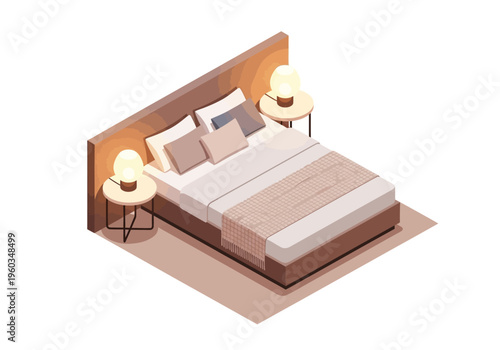 Cozy bedroom interior illustration with a warm, inviting bed and ambient bedside lamps