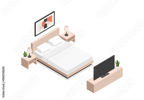 Cozy Bedroom Interior with Bed, Nightstands, Lamps, and Television Set