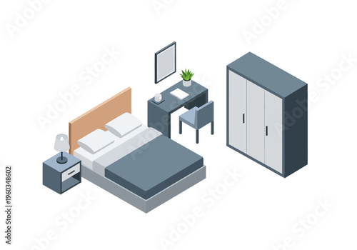 Cozy Bedroom Scene with Bed, Desk, and Wardrobe in Isometric View