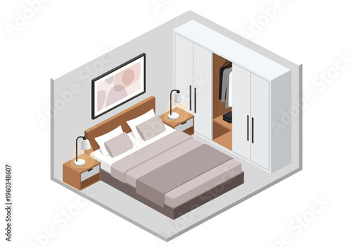 Cozy Bedroom Isometric View with Bed, Wardrobe, and Nightstands