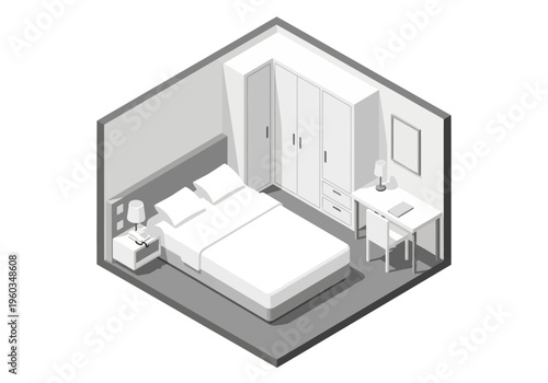 Isometric illustration of a minimalist bedroom with a double bed, wardrobe, and desk