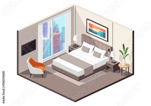 Modern Bedroom Interior Design with City View and Cozy Seating Area