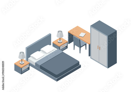 Modern bedroom furniture with wardrobe, bed, desk, and bedside tables, isometric view