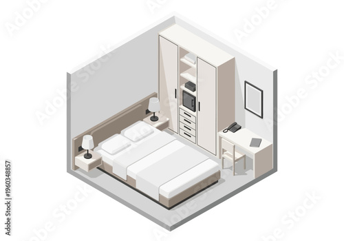 Isometric view of a cozy bedroom with a bed, desk, and wardrobe in a modern apartment