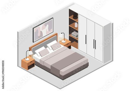 Cozy isometric bedroom interior design with a comfortable bed, bedside tables, and a wardrobe